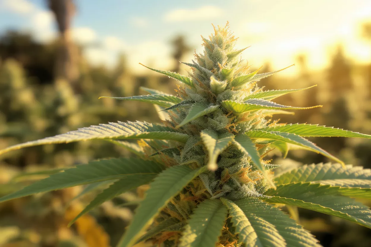 Close-up of a vibrant cannabis bud glistening with trichomes in a sunlit field.