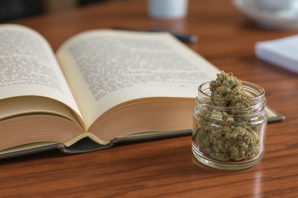 Cannabis buds in a glass jar next to an open book on a wooden table.