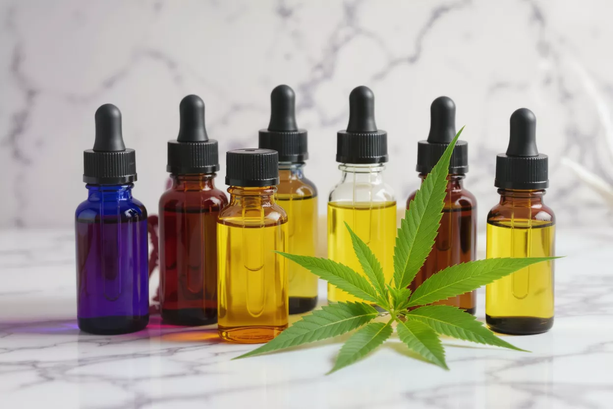 Various colored dropper bottles of CBD oil with a fresh cannabis leaf.
