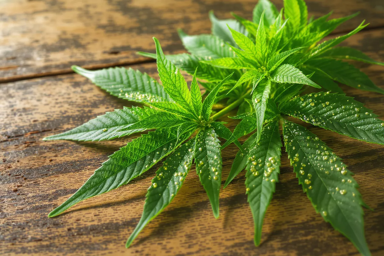 Close-up of vibrant green cannabis leaves with water droplets on a rustic wooden surface.