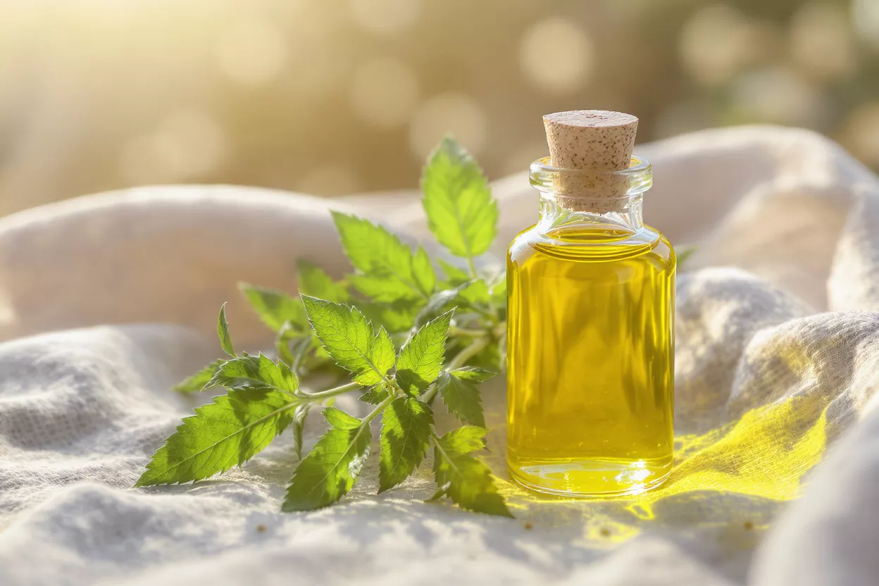 Small glass bottle with cork stopper filled with golden oil, next to green leaves.