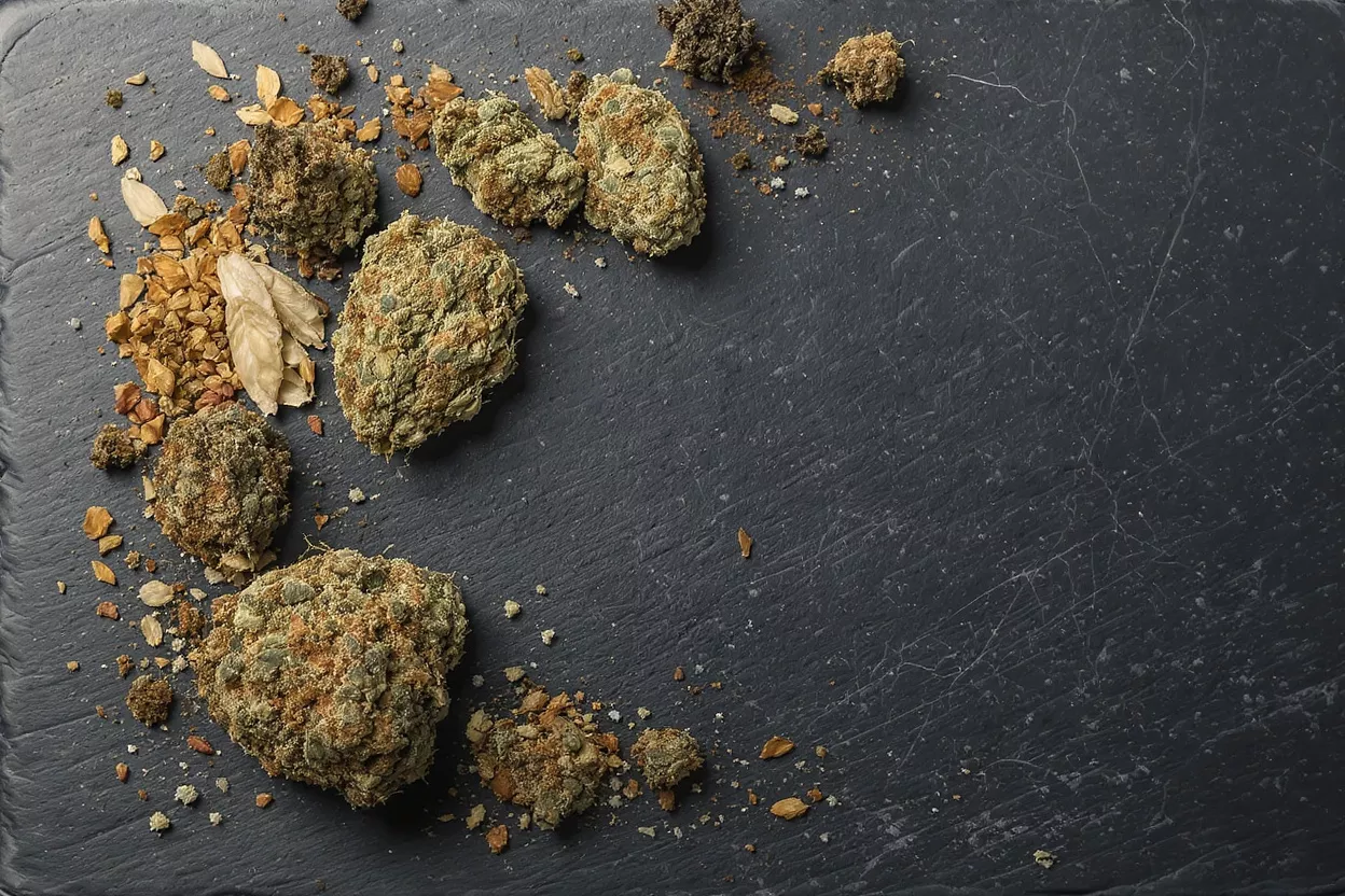 Several cannabis buds and loose plant material scattered on a dark slate background.