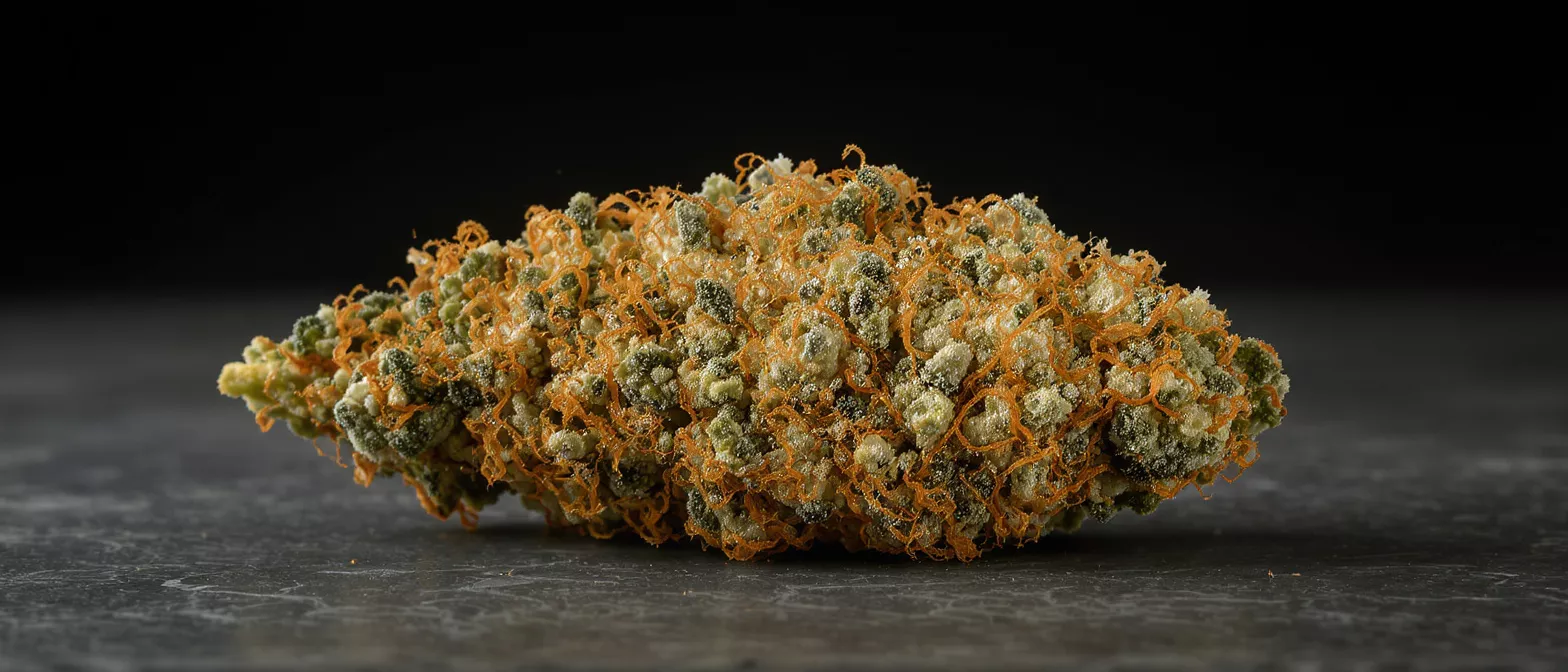 Close-up of a cannabis bud with bright orange hairs and sparkling trichomes.