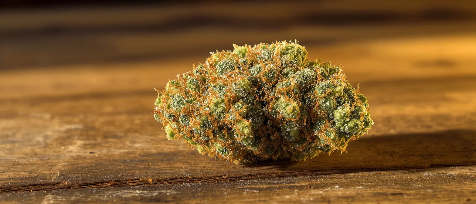 Primer plano de un cogollo de cannabis verde vibrante y naranja sobre una superficie de madera rústica.