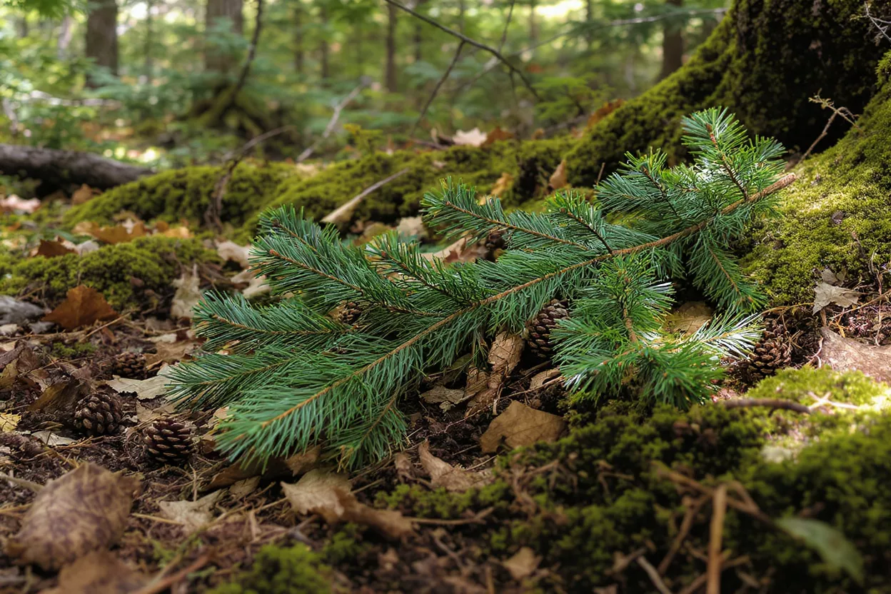 A vibrant green pine branch rests on a mossy forest floor with pinecones.