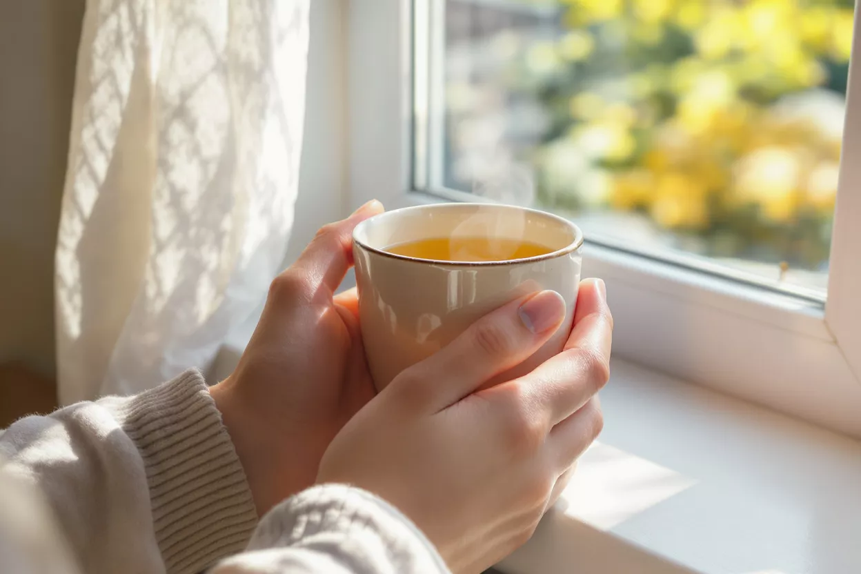Close-up of hands holding a steaming mug of tea by a sunlit window.