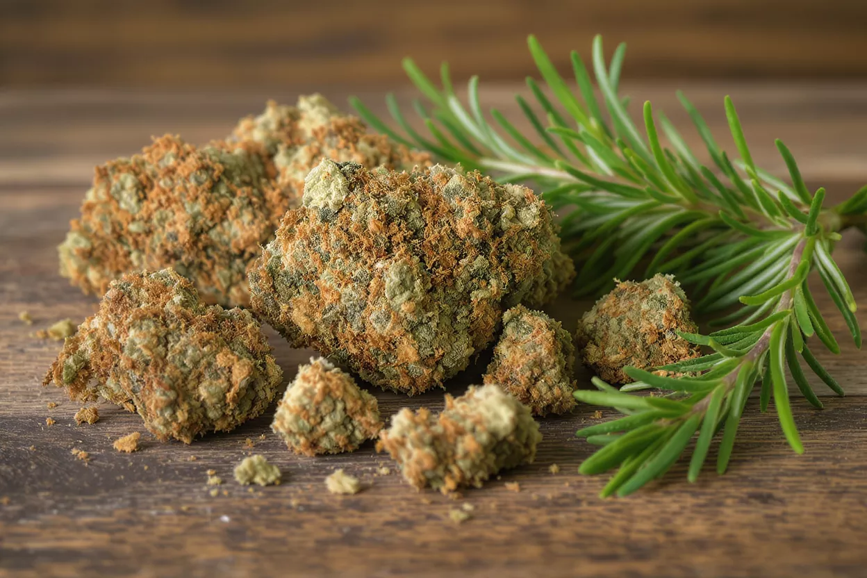 Close-up of cannabis buds and a rosemary sprig on a wooden surface.