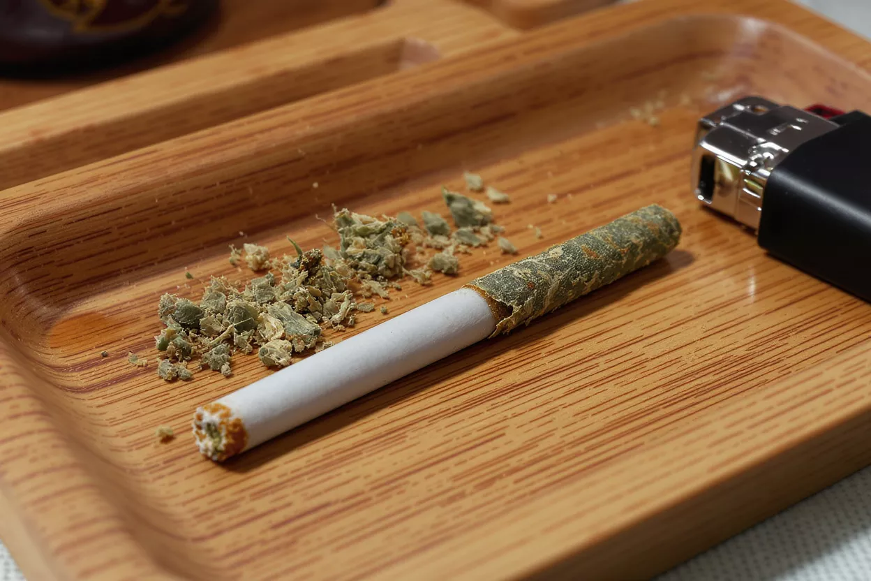 A pre-rolled cannabis joint, loose cannabis, and a lighter on a wooden tray.