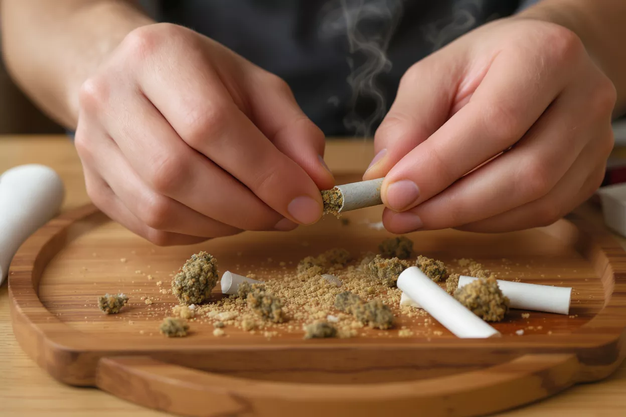 Close-up of hands filling a pre-roll with kief and cannabis on a wooden tray.