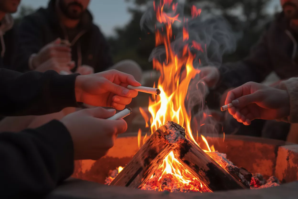Close-up of hands lighting cigarettes from a roaring campfire at night.