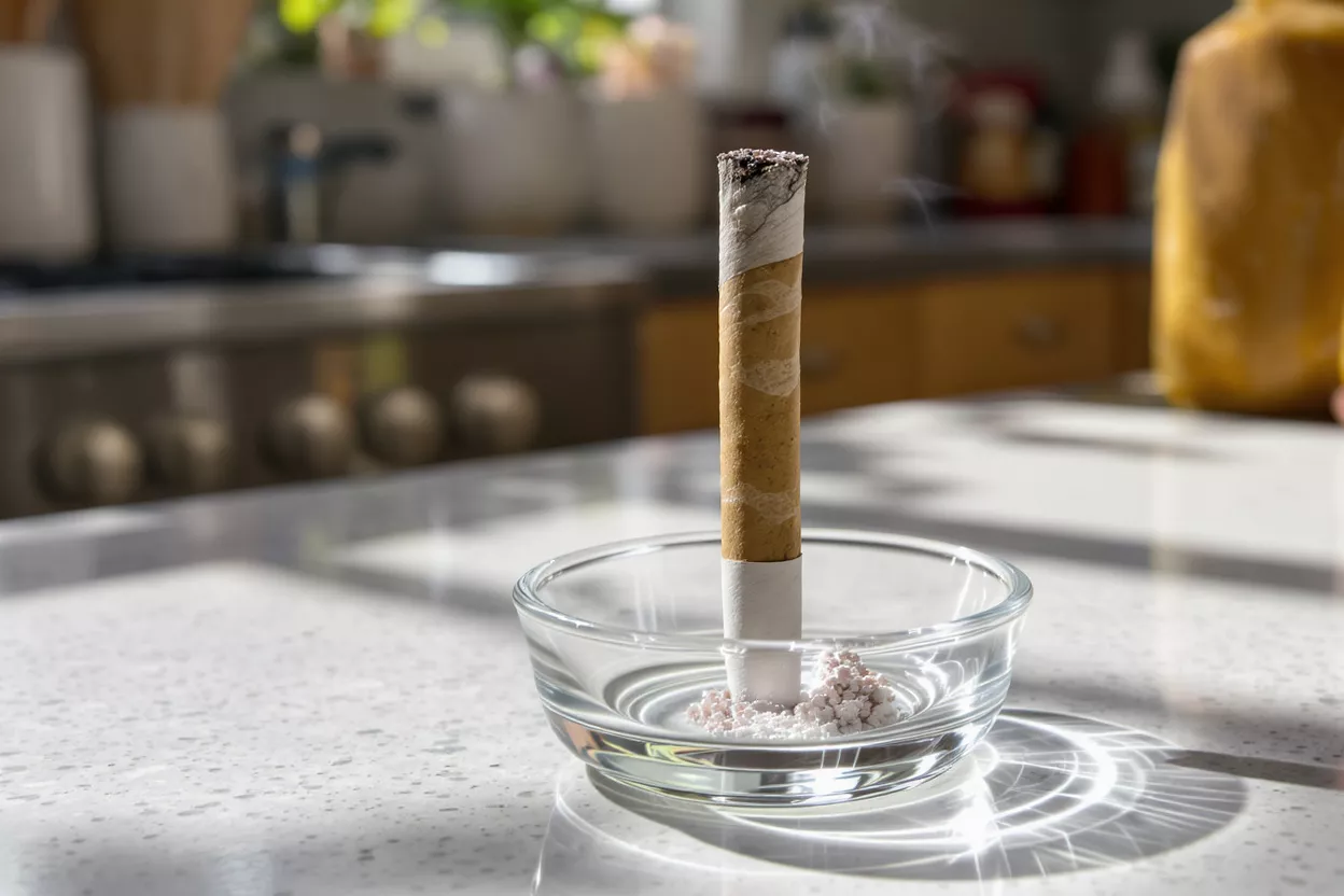 A burning moxa stick stands in a glass ashtray on a kitchen counter.