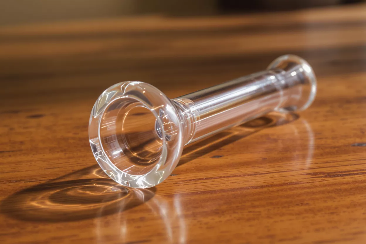 A clear glass tube with flared ends rests on a polished wooden table.