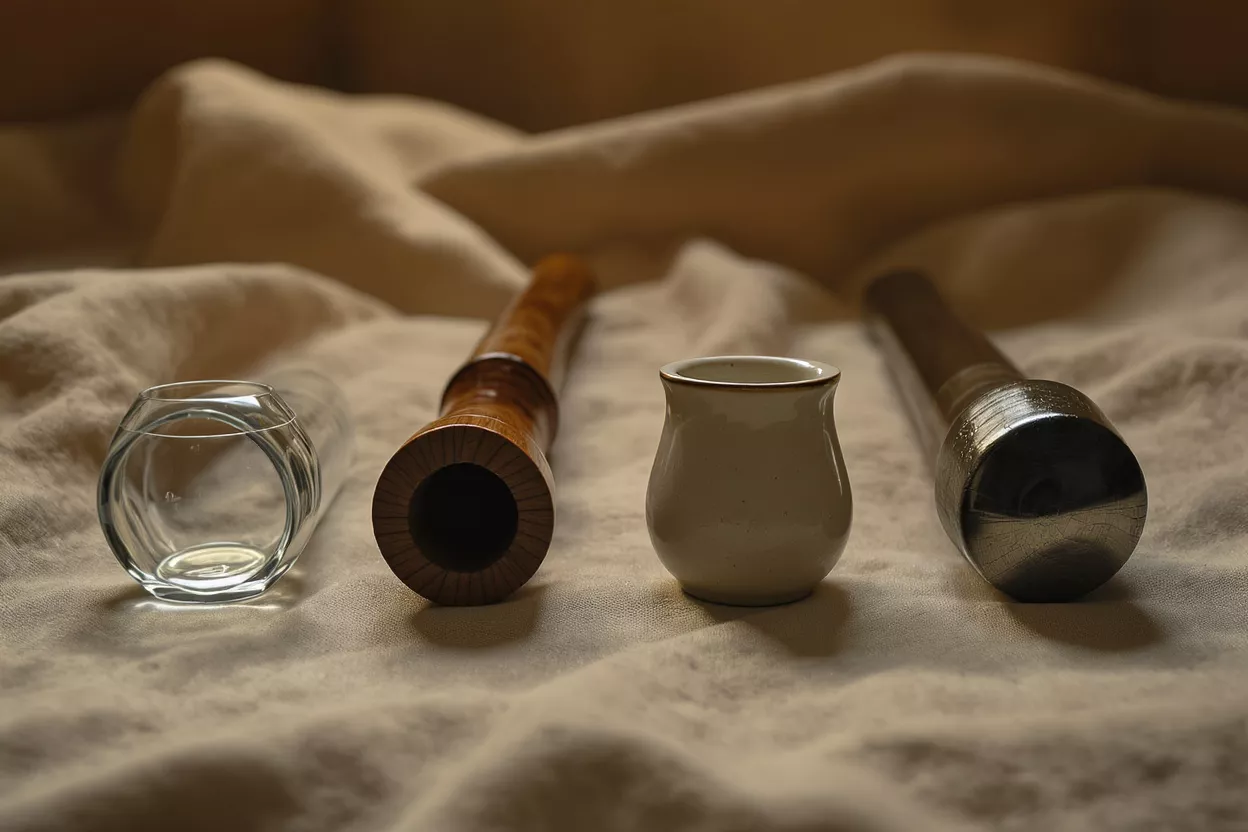 Four smoking accessories: glass, wooden pipe, ceramic cup, and metal pipe on fabric.