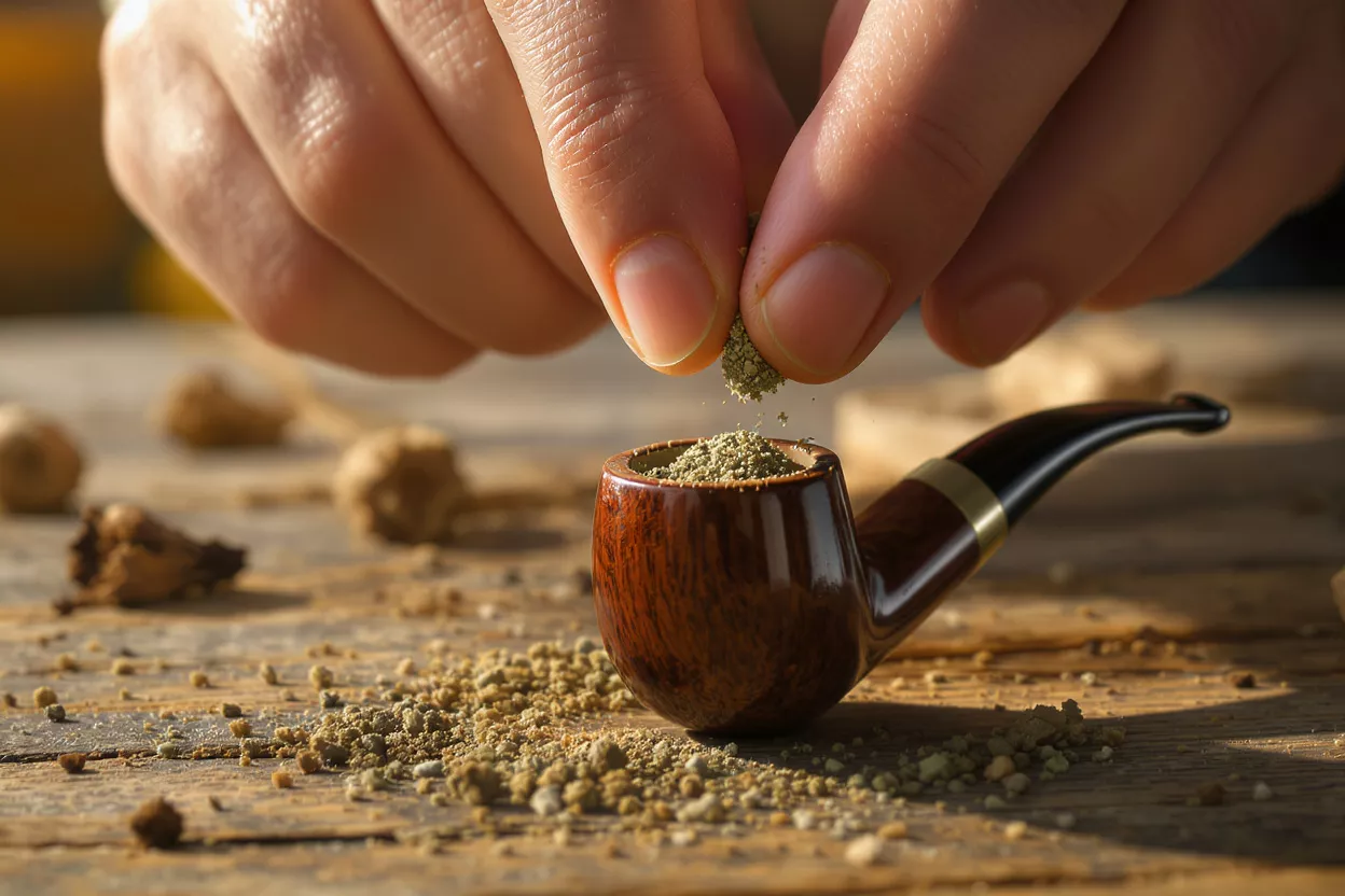 Close-up of hands filling a wooden tobacco pipe with ground herb.