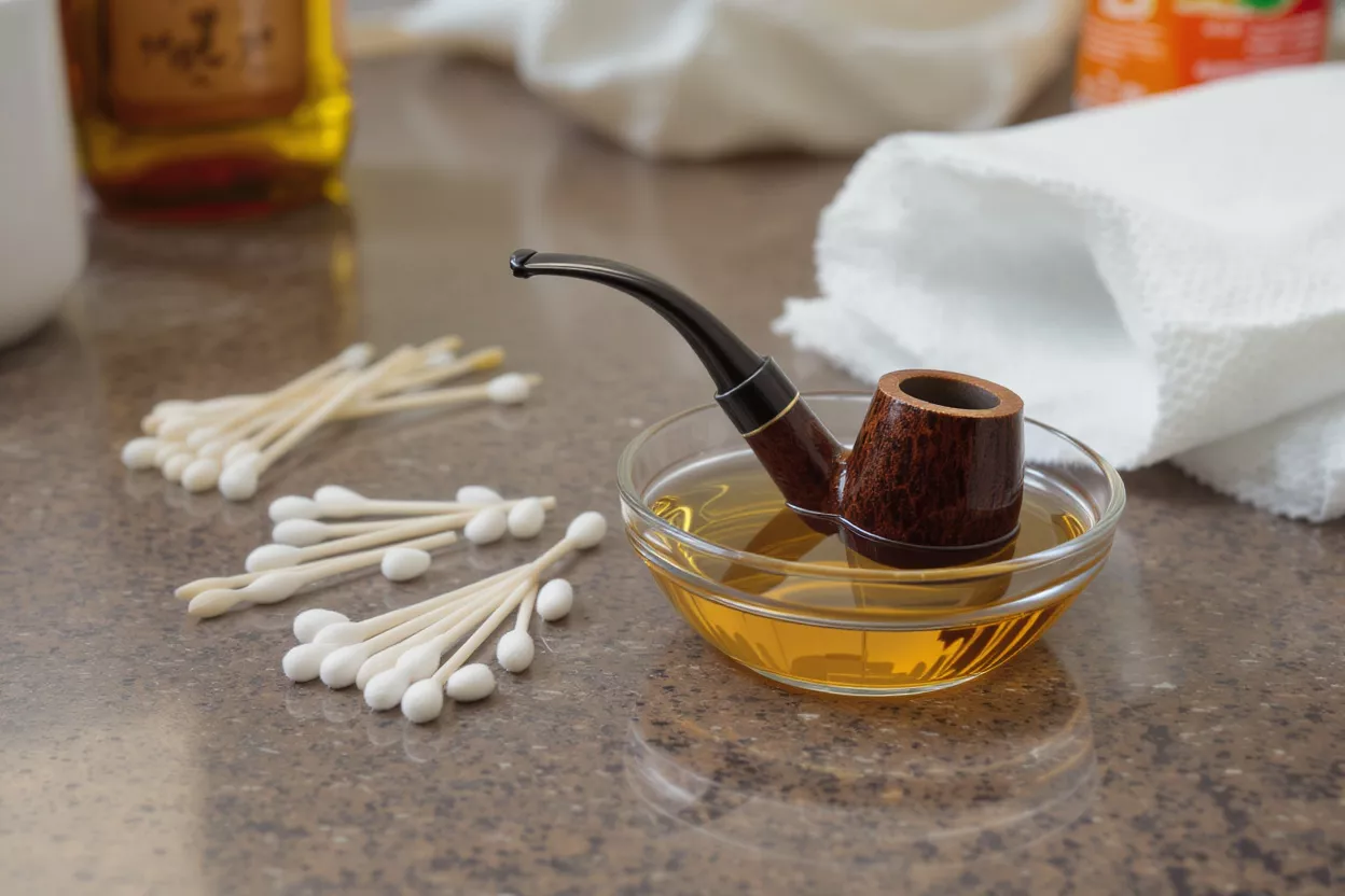 A wooden pipe soaking in a bowl of liquid with cotton swabs nearby.