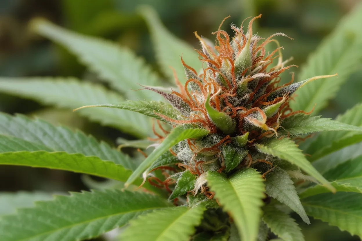 A vibrant close-up of a cannabis bud with orange hairs and green leaves.