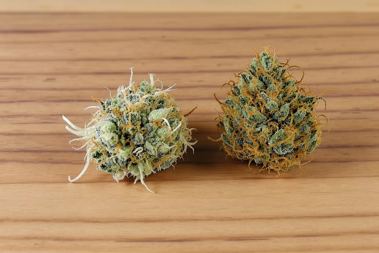 Two distinct cannabis buds on a light wooden surface, showcasing different textures.