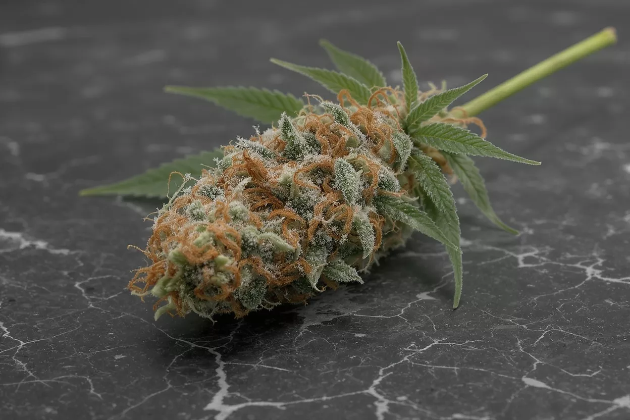 Close-up of a cannabis bud with orange hairs and trichomes on a dark marble surface.