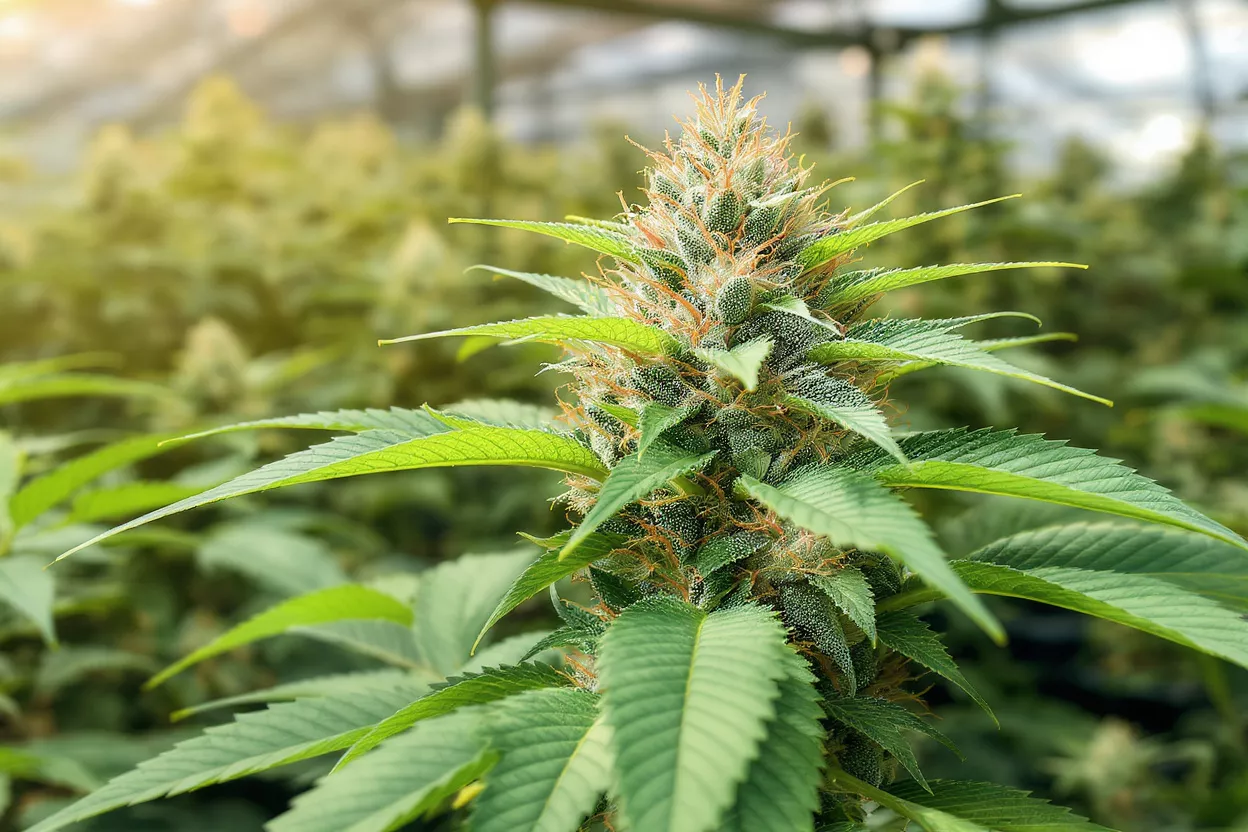 Close-up of a cannabis plant bud with green leaves and orange hairs.