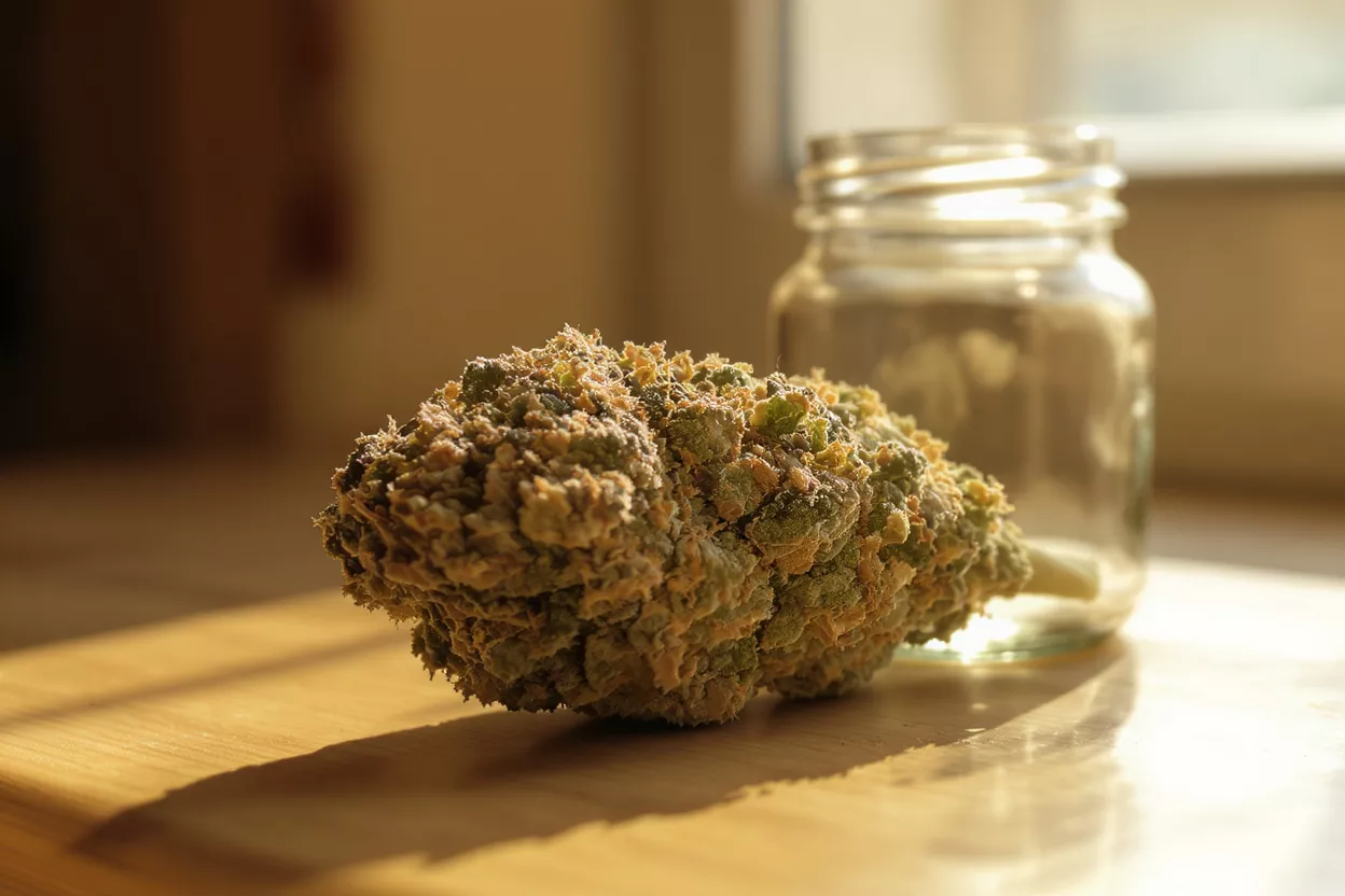 Primer plano de un cogollo de cannabis junto a un frasco de vidrio bajo cálida luz solar.