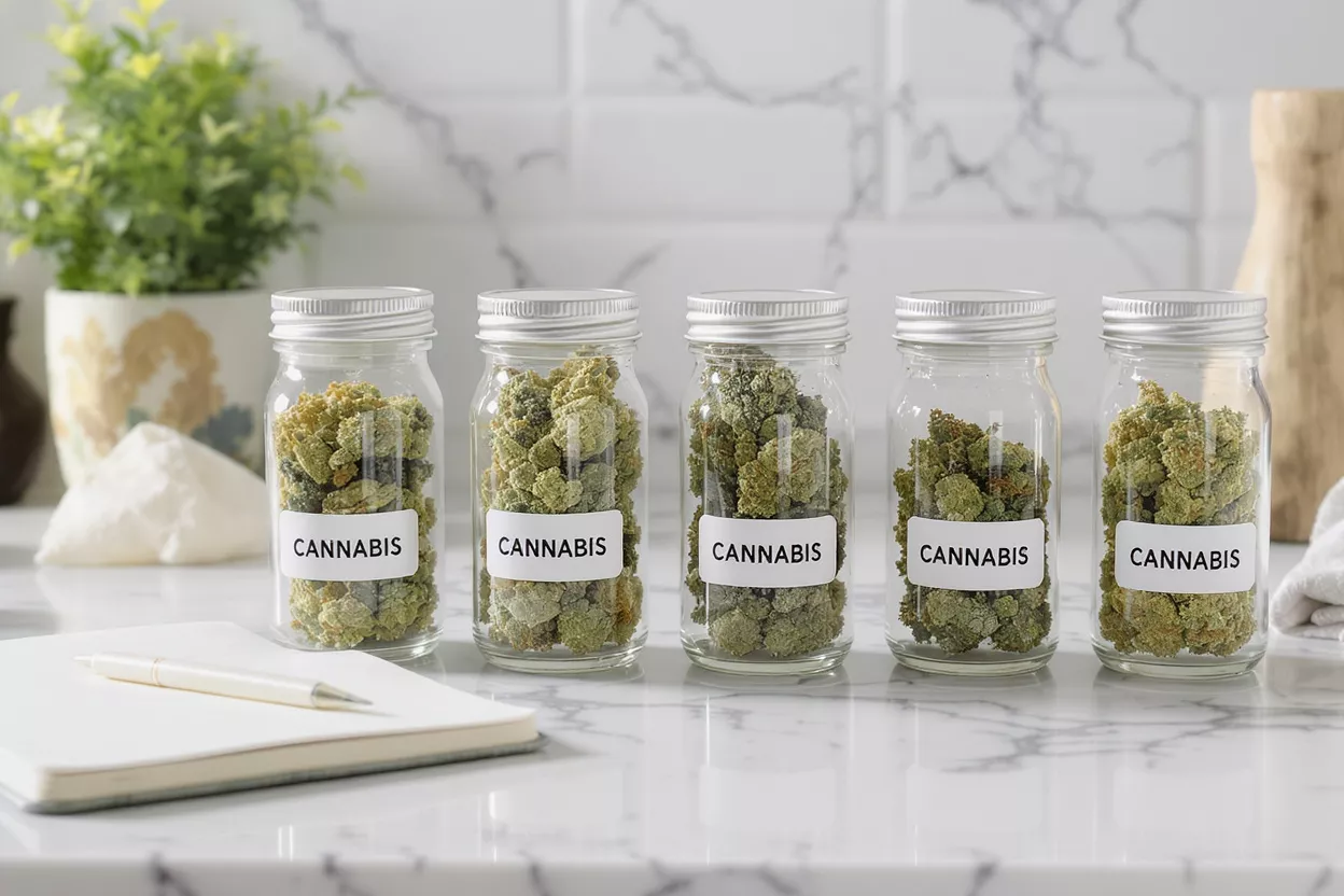 Cinco frascos de vidrio con cogollos de cannabis con etiquetas en un mostrador de mármol blanco.