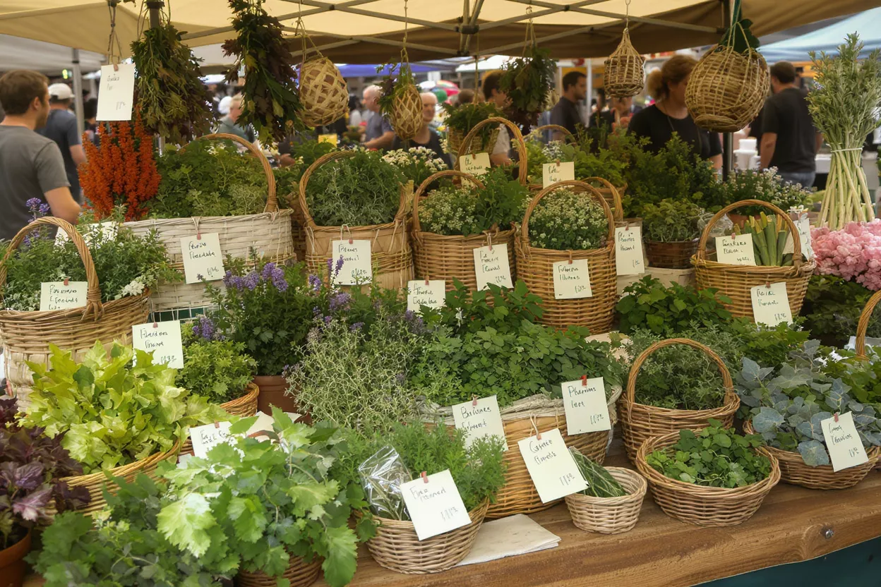 Cestas de hierbas frescas y plantas con etiquetas de precio en un animado puesto de mercado.