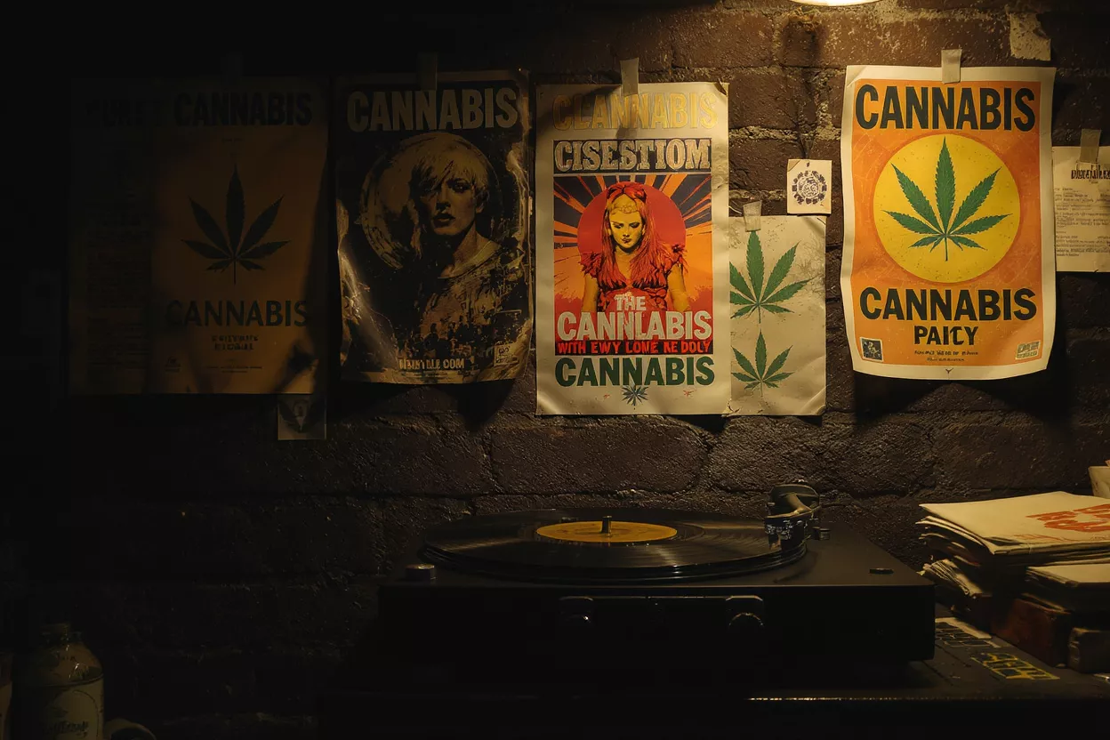 Habitación oscura con pósters de cannabis en una pared de ladrillo sobre un tocadiscos girando.