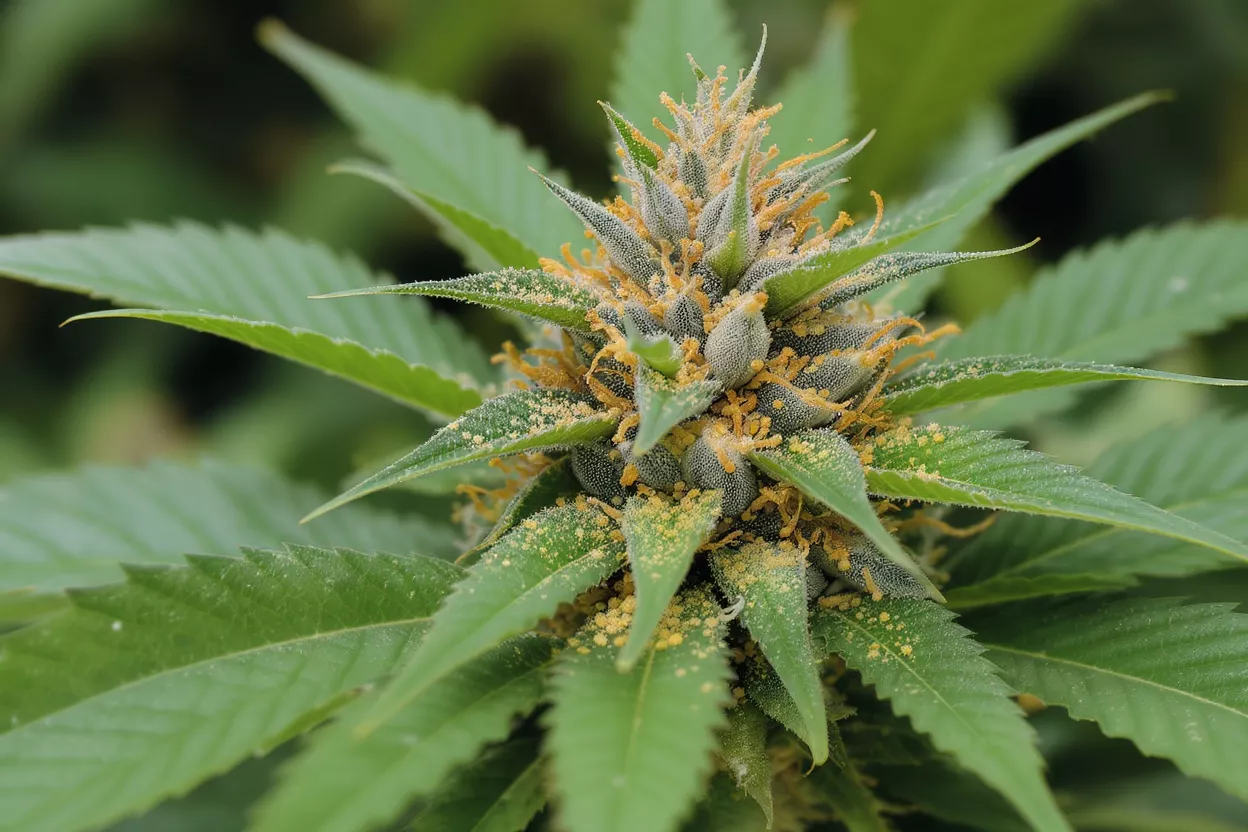 Close-up of a cannabis bud covered in yellow pollen and trichomes.