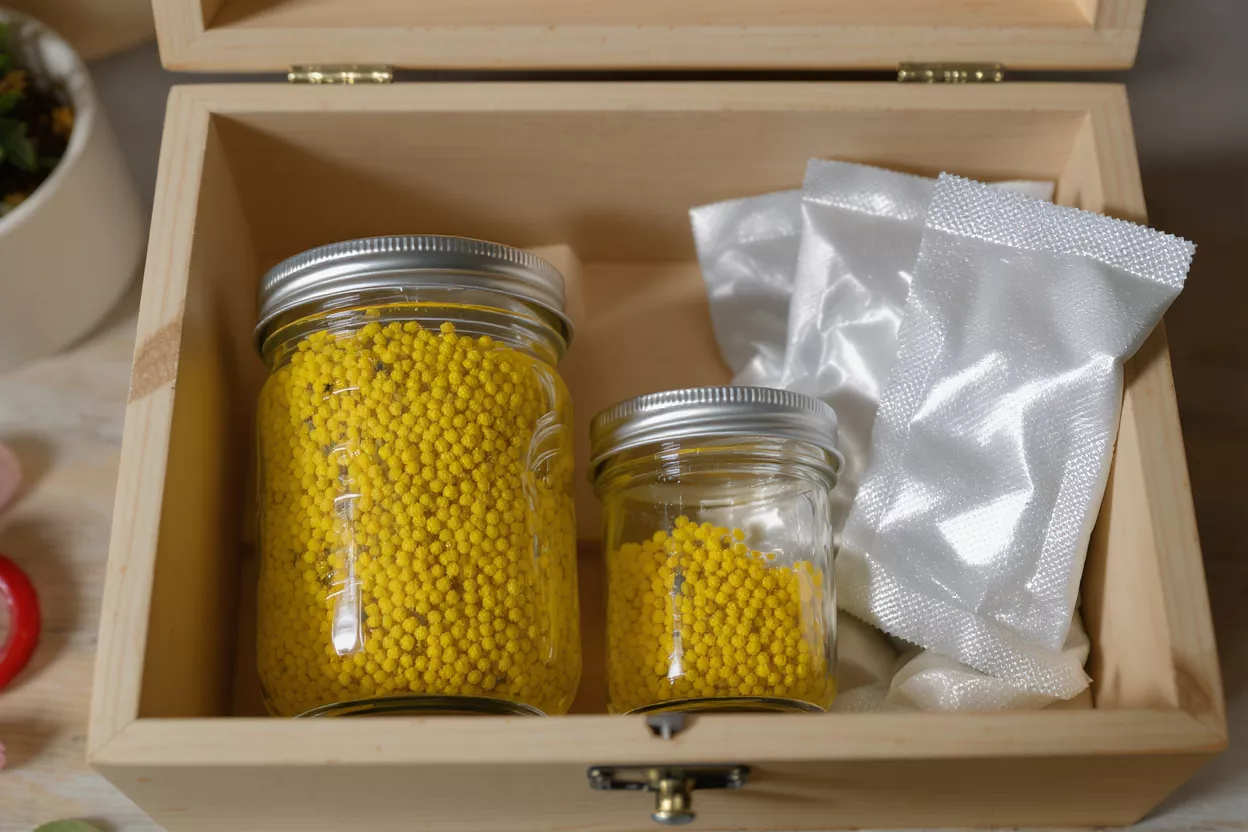 Two glass jars of yellow beads and white desiccant packets in a wooden box.