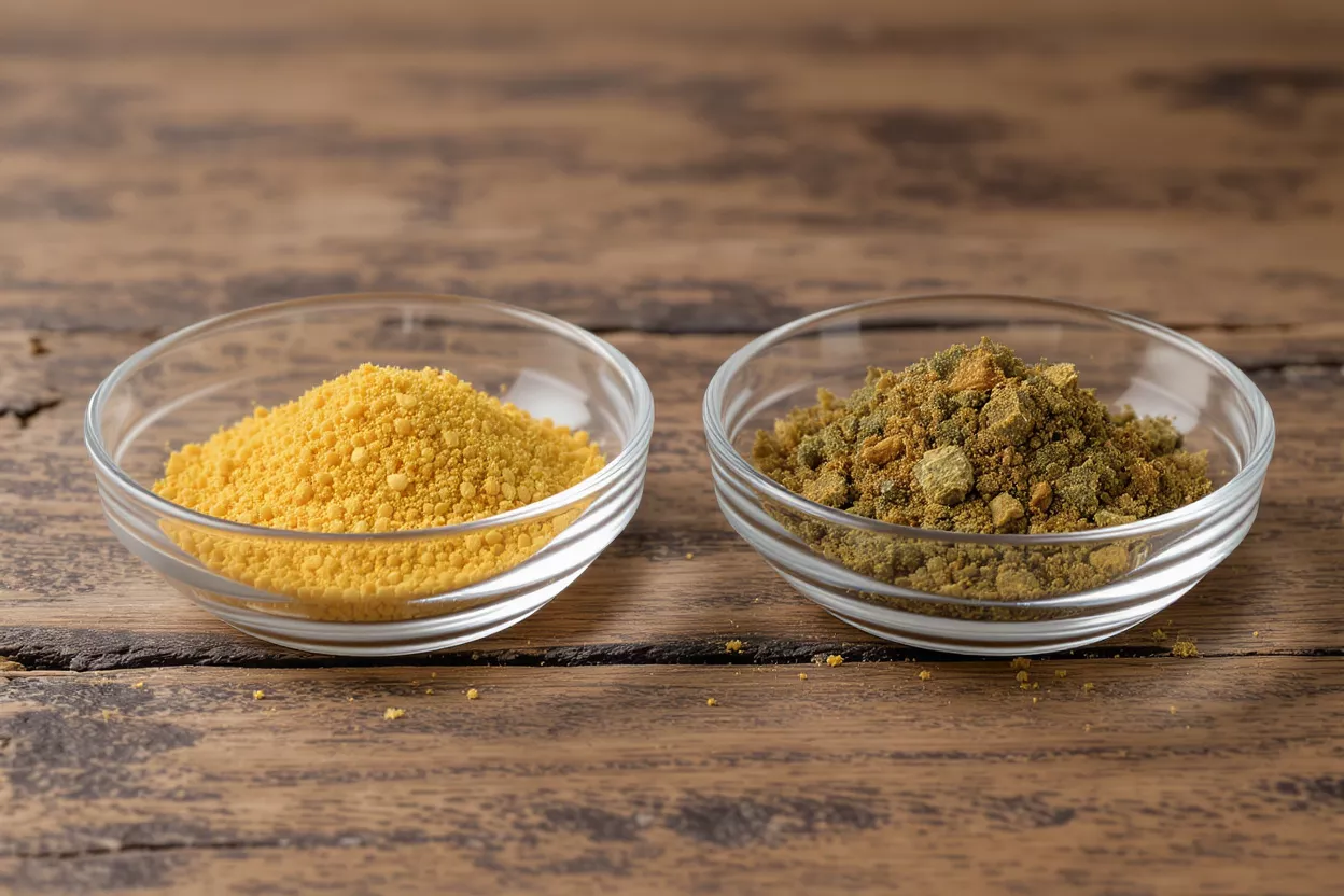 Two glass bowls on wood, one with yellow nutritional yeast, the other with green hops pellets.