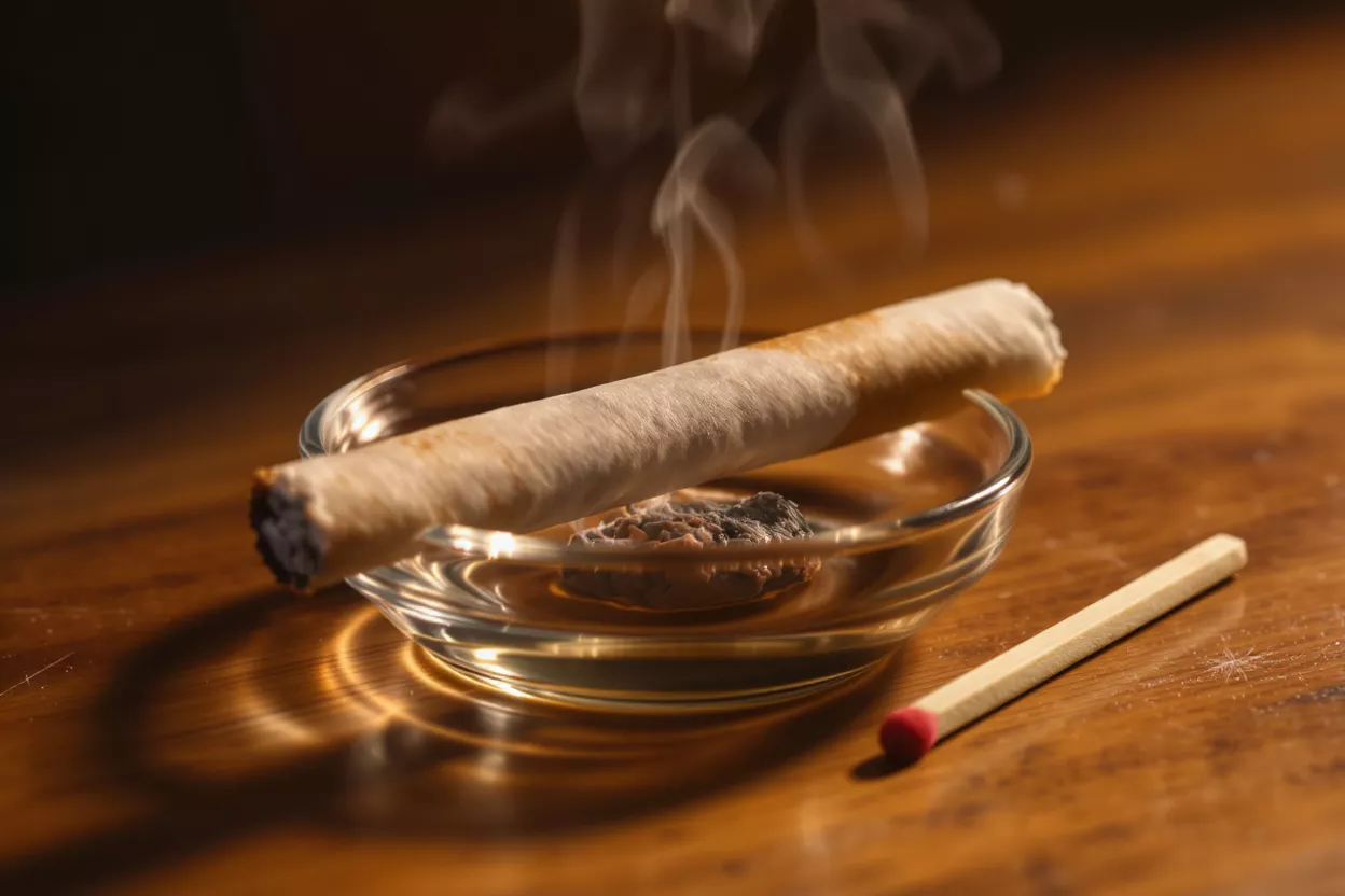 Burning Cigar in Ashtray A burning cigar rests in a glass ashtray with a match nearby.