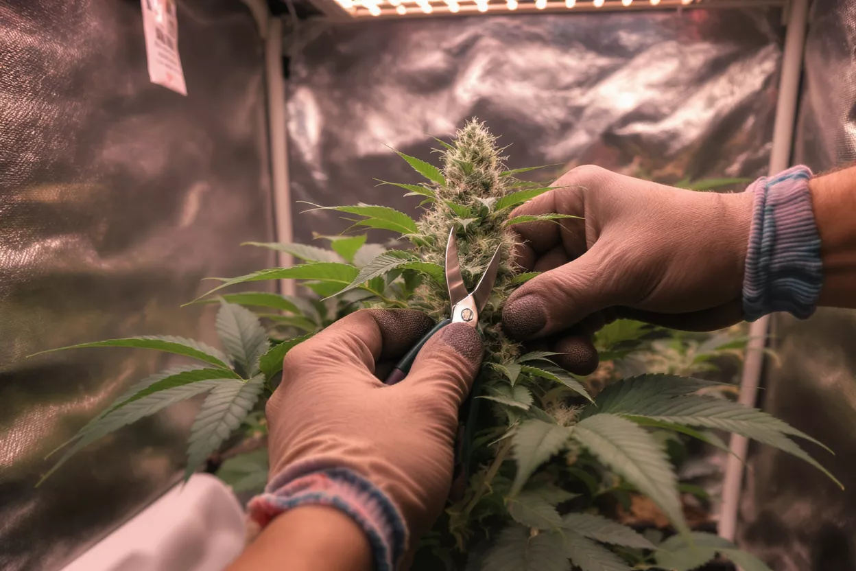 Gloved hands trimming a cannabis plant with scissors in an indoor grow tent.