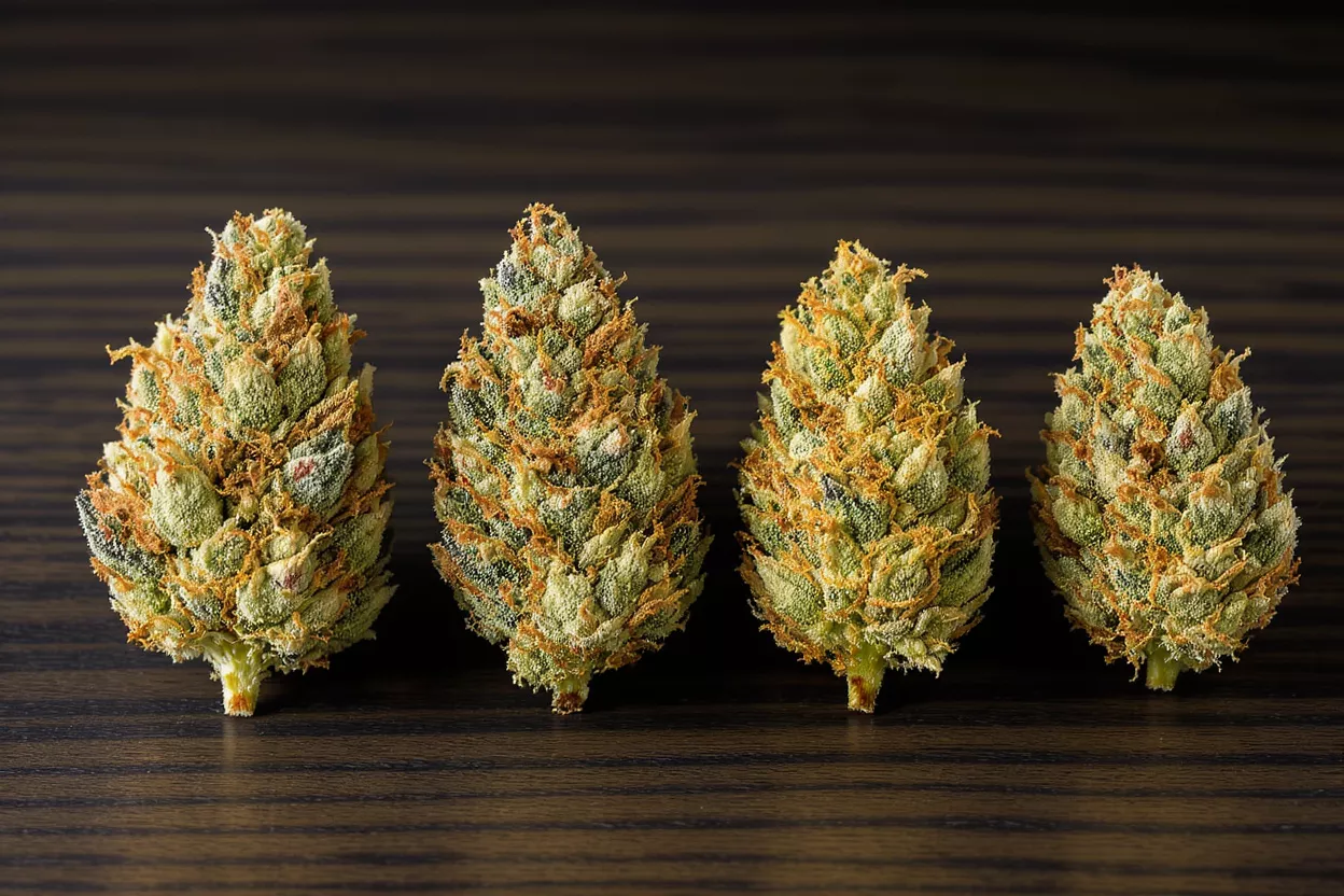 Four vibrant cannabis buds with orange hairs and trichomes on a dark wood surface.
