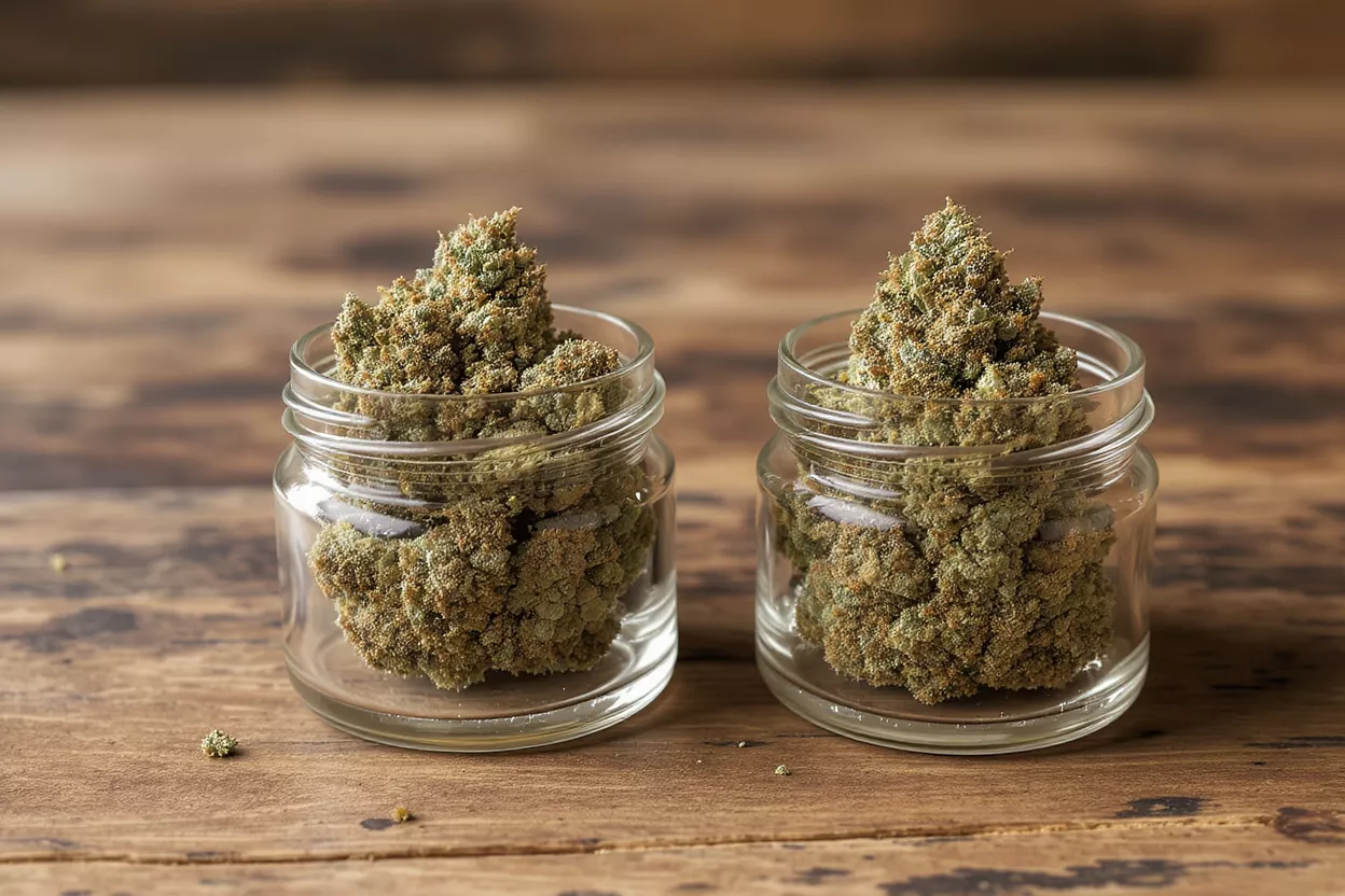 Two glass jars filled with dried cannabis buds on a rustic wooden table.