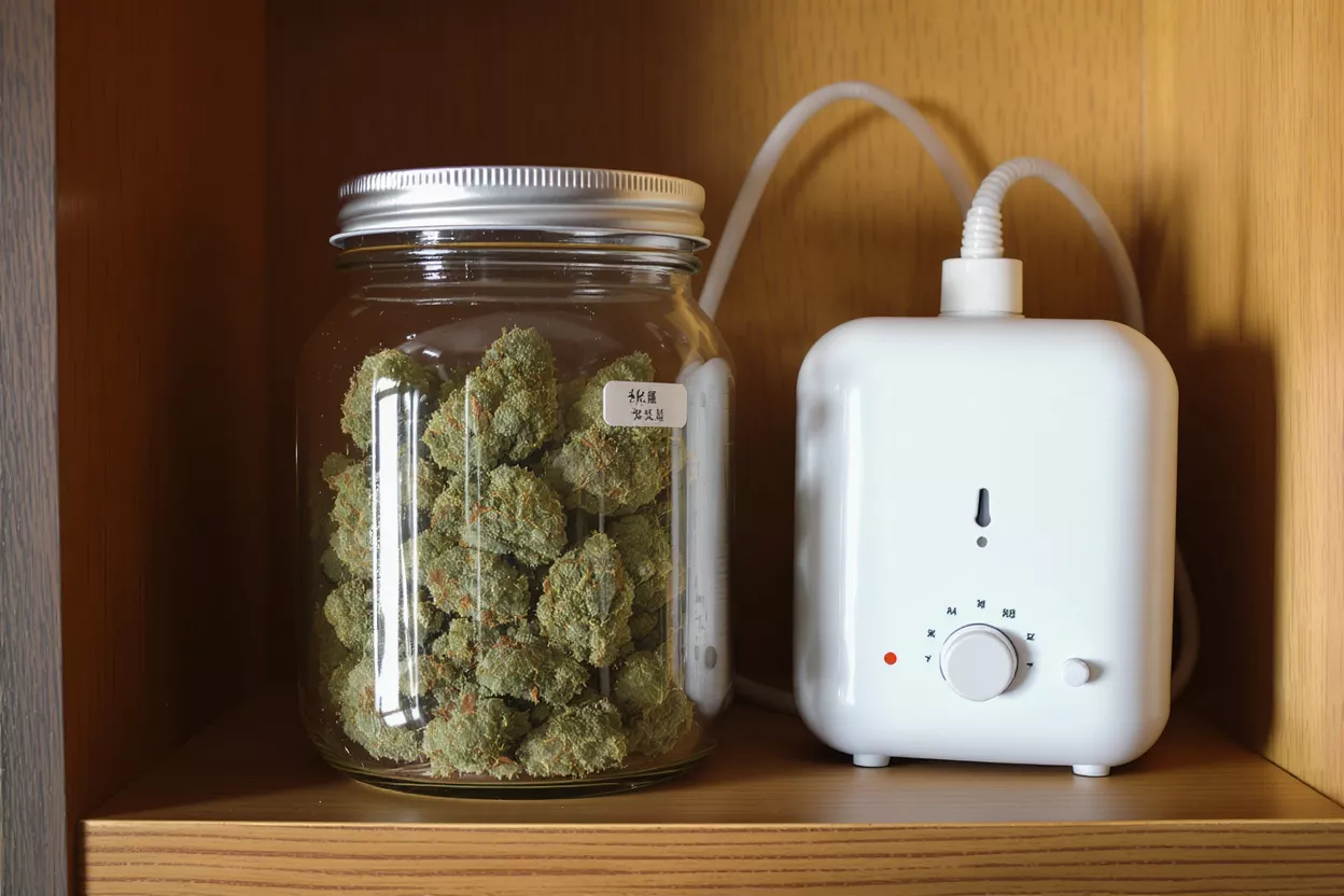 Glass jar of cannabis buds next to a white humidifier on a wooden shelf.