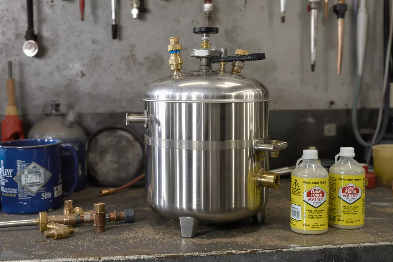 Stainless steel pressure pot on a workbench with tools and bottles.