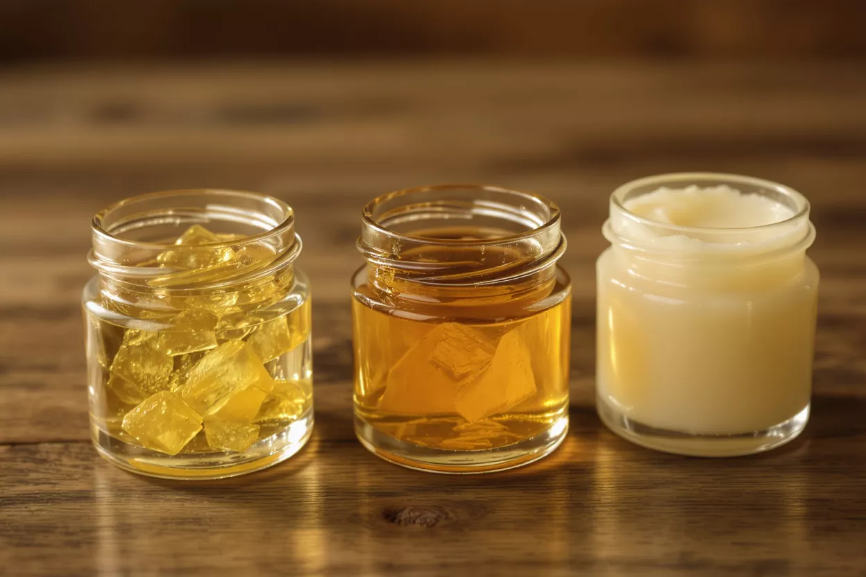 Three small glass jars containing beeswax, propolis, and honey on a wooden surface.