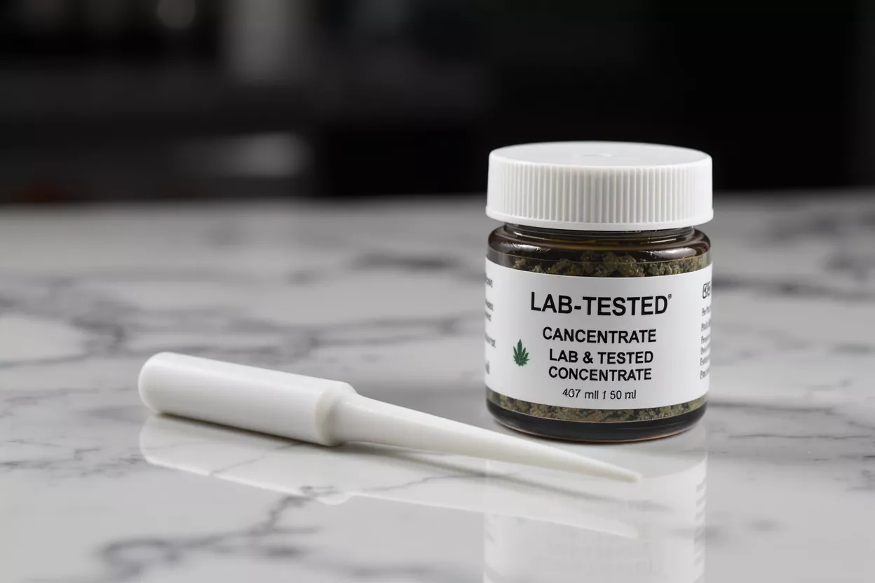 A lab-tested cannabis concentrate jar with a white applicator tool on a marble surface.