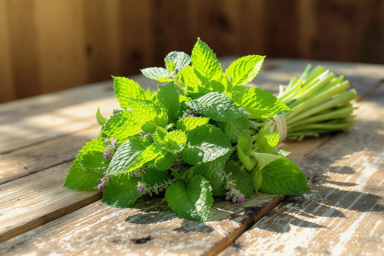 A vibrant bunch of fresh mint with small purple flowers on a rustic wooden table.