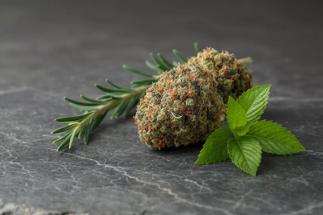 Two cannabis buds, rosemary sprig, and mint leaves on a dark textured surface.