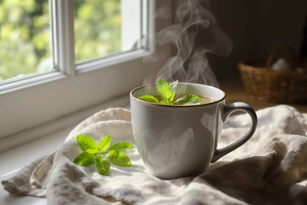 Steaming cup of mint tea with fresh mint leaves on a windowsill.