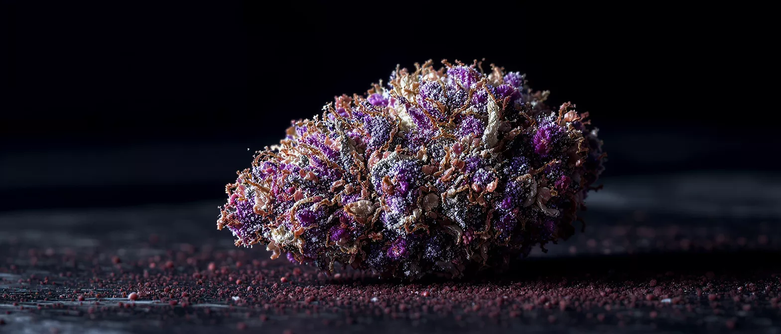 Close-up of a purple cannabis bud covered in trichomes on a dark surface.