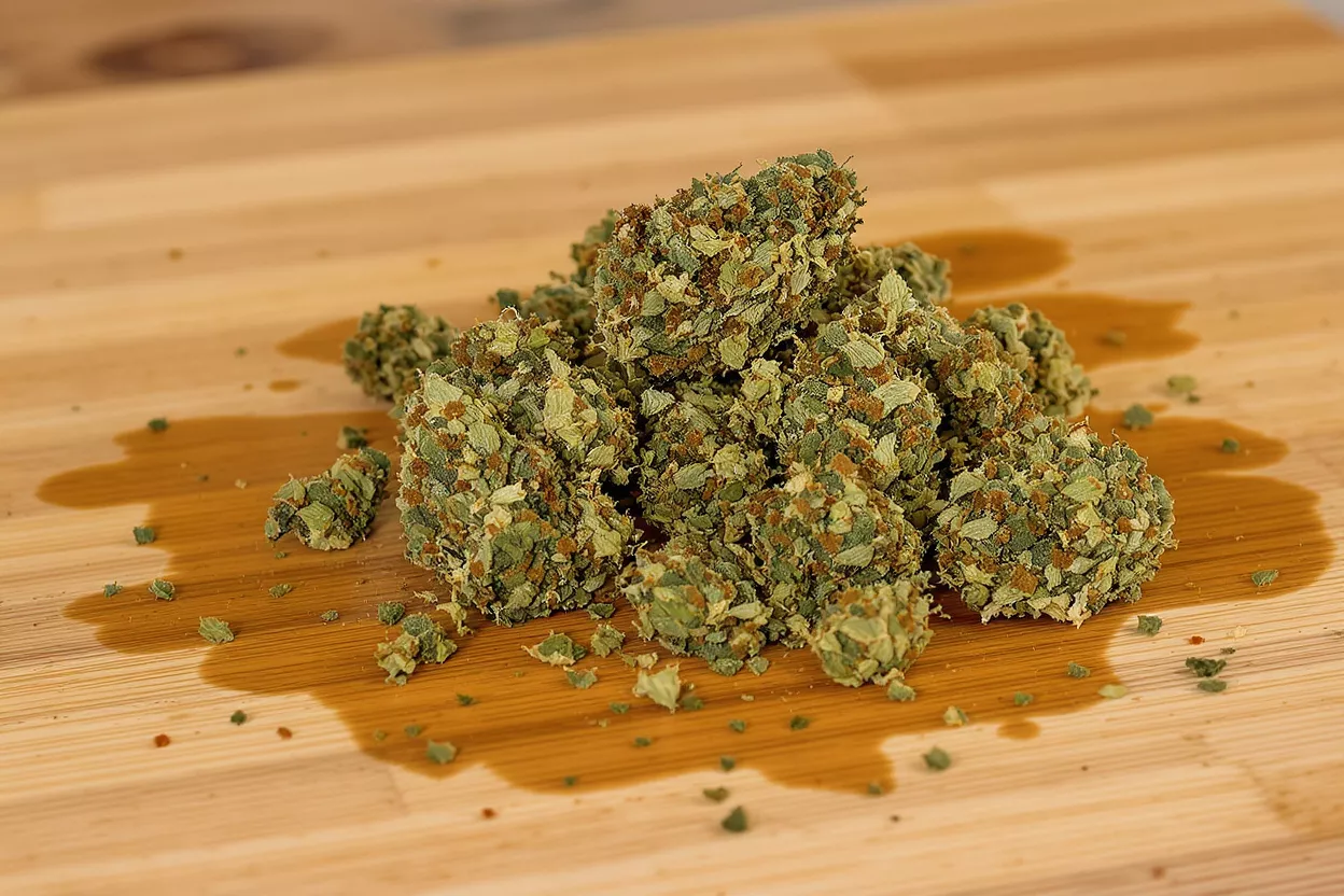 Primer plano de yemas de cannabis con manchas de aceite sobre una superficie de madera clara.