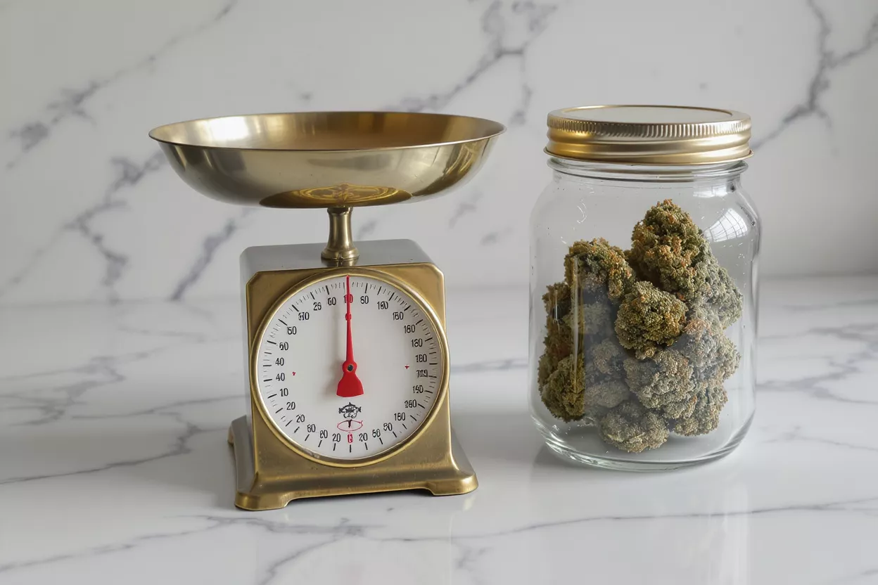 Capullos de cannabis en un frasco junto a una báscula de cocina de latón vintage sobre mármol.