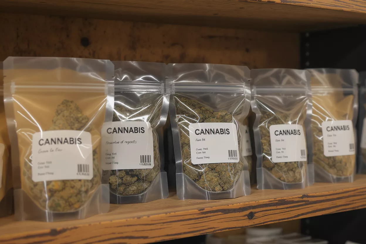Varias bolsas de plástico transparente de flores de cannabis con etiquetas en un estante de madera.