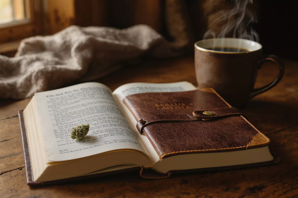 Cogollo de cannabis sobre libro abierto junto a café y diario de cuero.