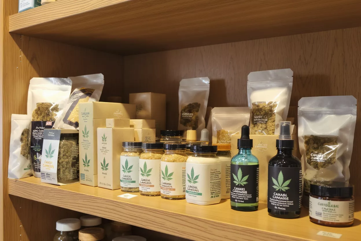 Varios productos de cannabis, incluyendo aceites, comestibles y sprays tópicos en una estantería de madera.