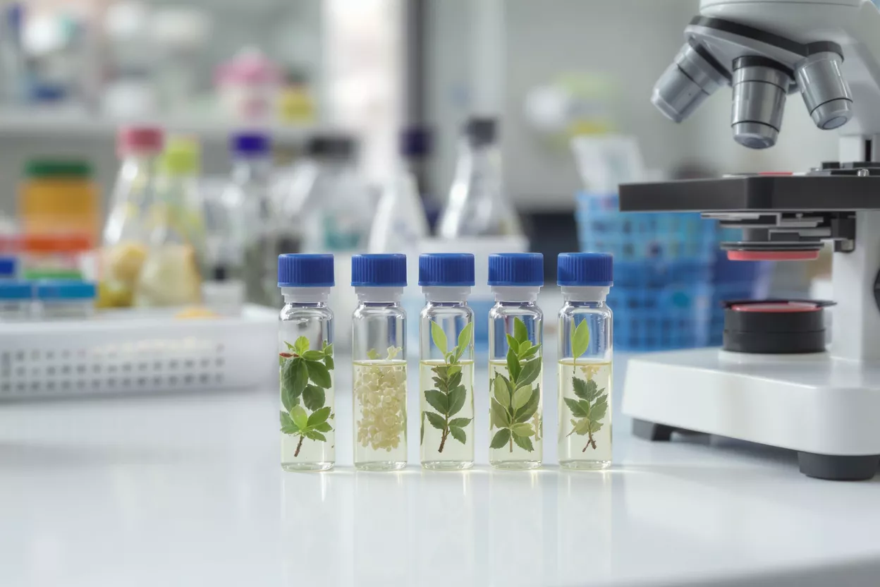 Cinco viales de vidrio con muestras de plantas en líquido, junto a un microscopio en un laboratorio.