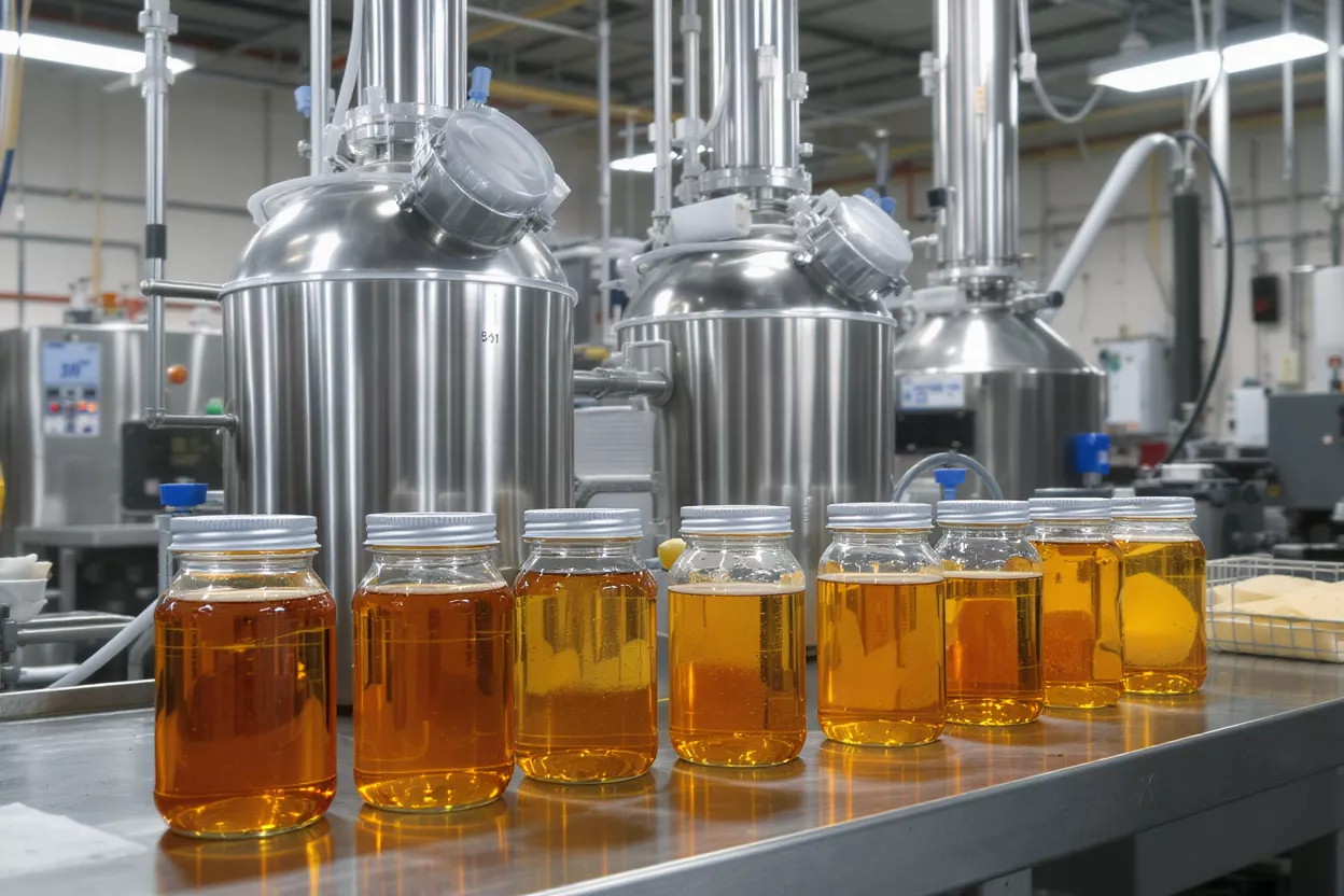 Frascos de vidrio llenos de líquido ámbar sobre una mesa en un entorno industrial.