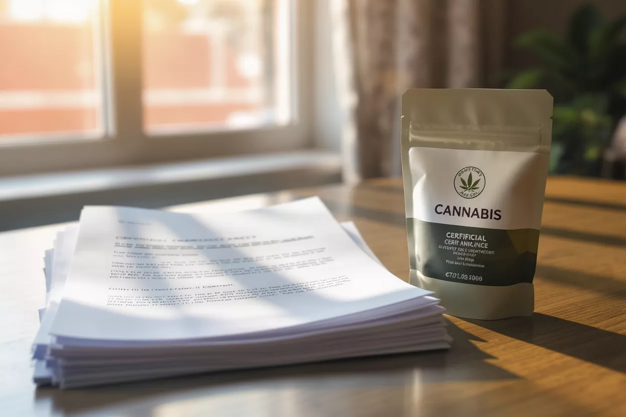 Bolsa de producto de cannabis junto a una pila de documentos legales sobre una mesa de madera.